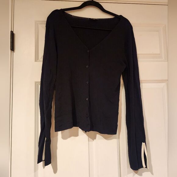 Stretchy black and white button up cardigan sweater SP - Picture 1 of 5